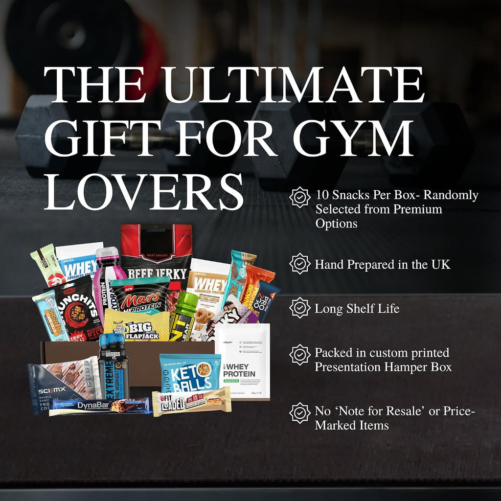 Protein Hamper - This Protein Gift Set & Fitness Hamper Includes 10X Items. Gym Gifts for Men & Women. Mens Snacks Gift Set. Protein Gift Box.