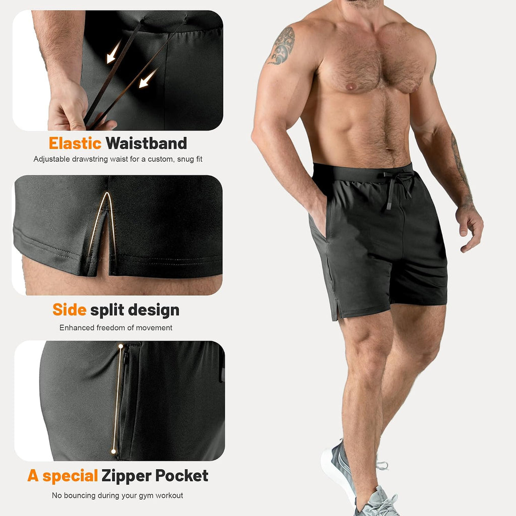 Mens Elastic Waistband Gym Shorts with Zipper Pocket Quick Dry Lightweight Running Workout Shorts