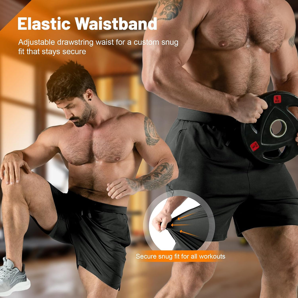 Mens Elastic Waistband Gym Shorts with Zipper Pocket Quick Dry Lightweight Running Workout Shorts